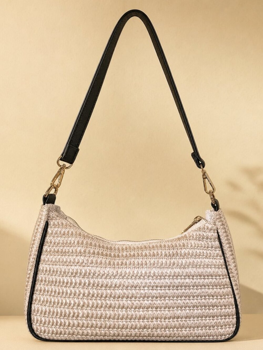 Cream Woven Crossbody Shoulder Bag Black Trim | Coastal Resort Chic Lightweight